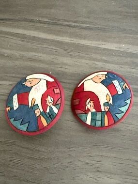 Vintage Santa Holiday Button Earrings - Red, Blue, White, and Green Handpainted